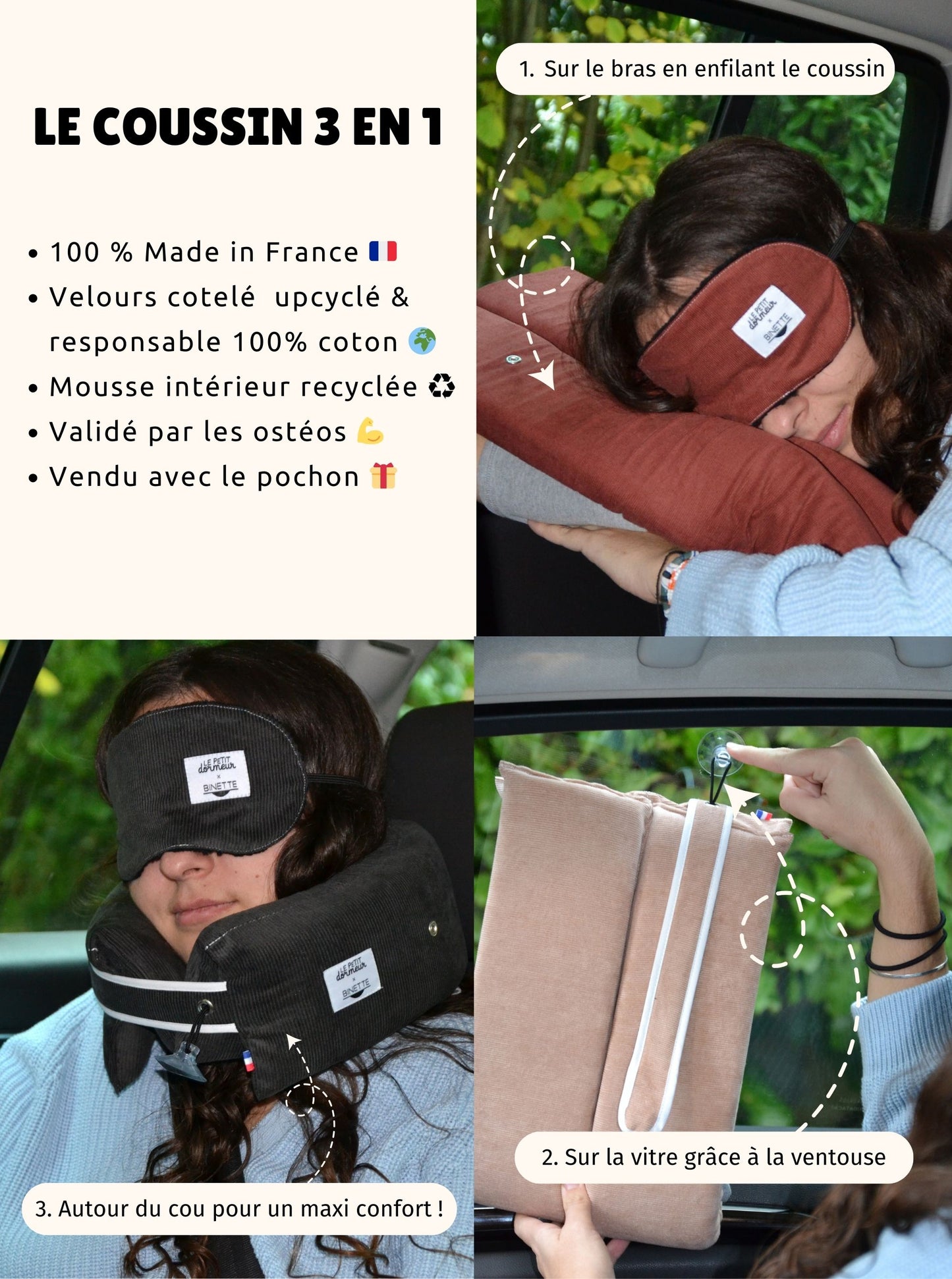 Infographie collaboration Le Petit Dormeur x Binette.
Masque de sommeil et coussin de voyage ergonomique en velours côtelé rose clair, gris et rouge.
Le coussin peut se mettre autour du cou, sous le bras ou sur une vitre grâce à sa ventouse.
Cet ensemble est conçu pour un confort optimal tout en respectant l’environnement.