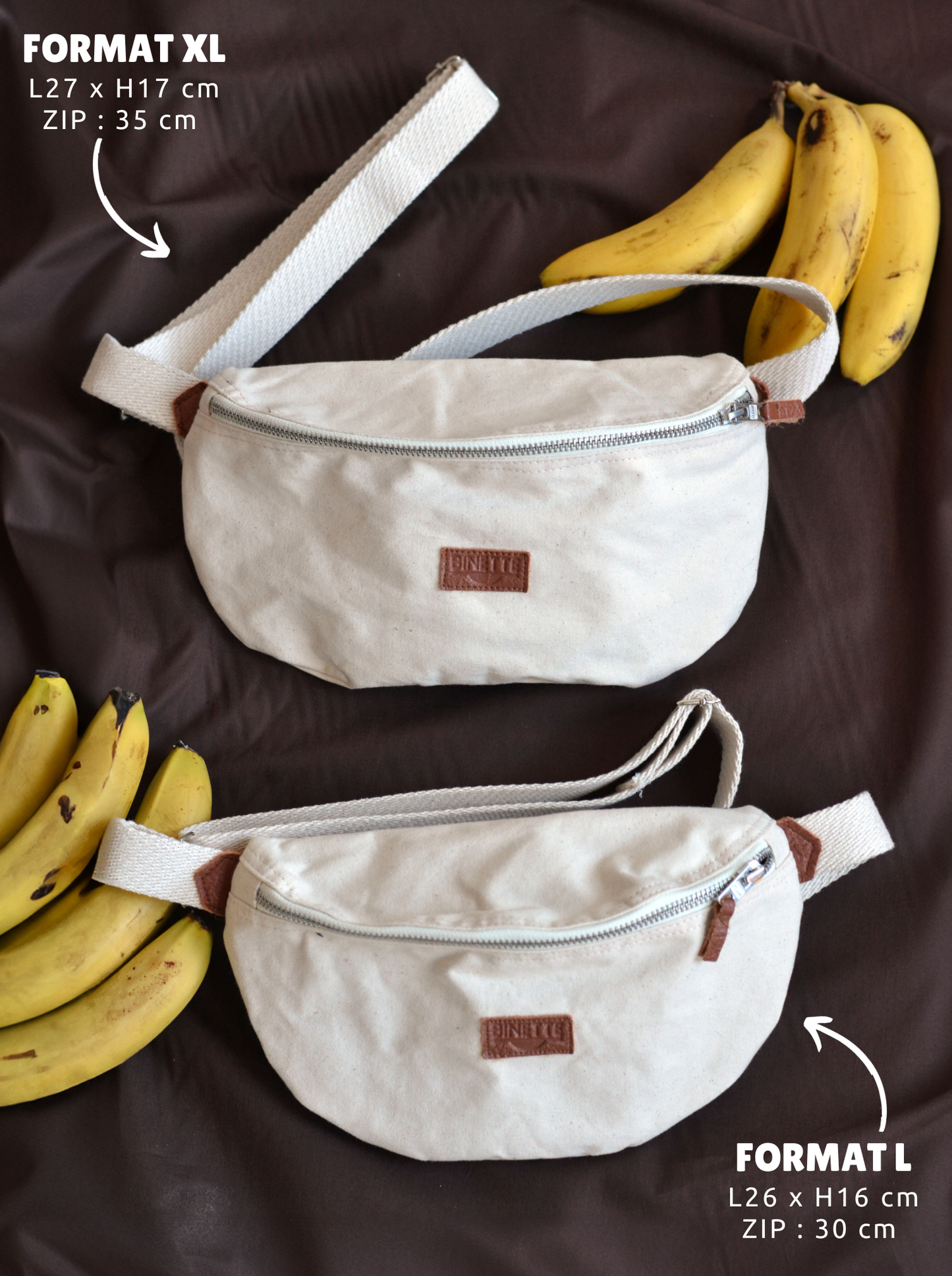 sac banane Binette bananas fabriqué avec du tissu a partir de feuille de bananier et embossages en cuir 100% vegan pinatex d'ananas de couleur écru fabriqué par la marque française et ecoresponsable Binette slow fashion proposant accessoire de mode ethique et durable et tendance ecofriendly pratique et responsable