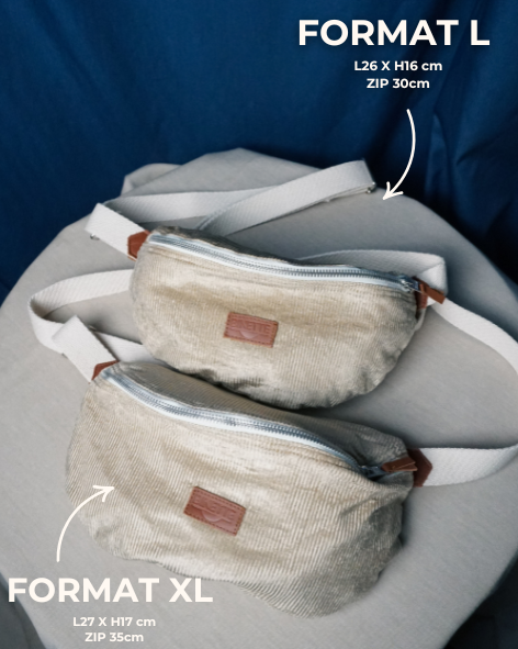 Sac banane upcyclé beige sable velours côtelé sangle blanche fabriqué par une marque française écoresponsable Binette mode éthique quais parisiens mode responsable tissu upcyclé chutes de tissus dormants voués à être jetés ou brûlés accessoires upcyclés pratiques tendances et éco-friendly