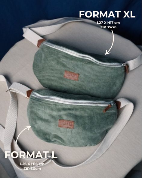 Sac banane vert disponible en deux formats : L et XL, parfait pour transporter vos essentiels au quotidien, marque écoresponsable optimiste et coloré binette, sacoche, idée de cadeau